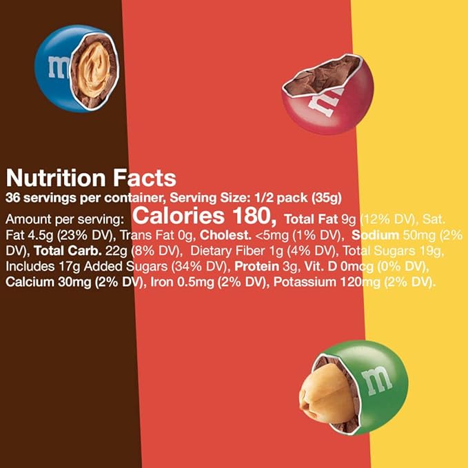 M&M'S Milk Chocolate Candy, Variety Pack, Milk Chocolate, Peanut, and Peanut Butter Full Size 2.5 oz Bag, Pack of 18 Bulk Candy
