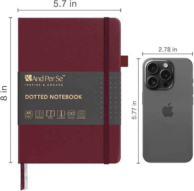 A5 Hardcover Leather Bullet Dotted Journal, 160 Pages 100 gsm Thick Paper，3 Sheets of Stickers Included - 5.7'' x 8''（Dark Red）