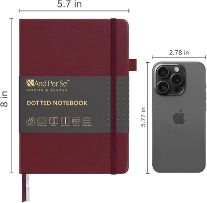 A5 Hardcover Leather Bullet Dotted Journal, 160 Pages 100 gsm Thick Paper，3 Sheets of Stickers Included - 5.7'' x 8''（Dark Red）