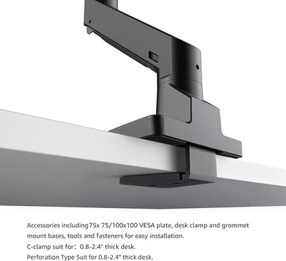 Heavy Duty Monitor Arm Aluminum Single Gas Spring Monitor Arm Suit for Flat/Ultrawide/Cruved Screen 34-49 inch and New 57 inches Screen Weight Capacity up to 44lbs，Black