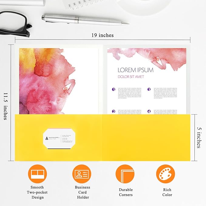 50Pcs Yollow with Pockets-2 Pocket Folders for Documents,Cute Paper Folders for Filing Cabinet,School,Office,Resume Portfolio
