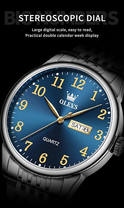 OLEVS Mens Watch Stainless Steel Analog Quartz Watches for Men Day Date Easy Read Diamond Waterproof Dress Luxury Classic Casual Big Face Blue/Black/Gold/Silver Roman Arabic Numerals Men's Wrist Watch