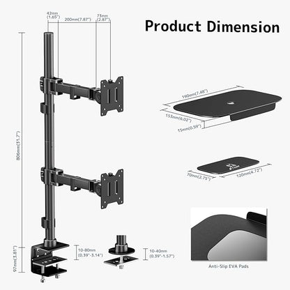 Vertical Dual Monitor Stand for Two 17-49'' Screens, Holds up to 44 lbs, WORLDLIFT Stacked Dual Monitor Mount with 31.7'' Long Pole, VESA 75/100mm