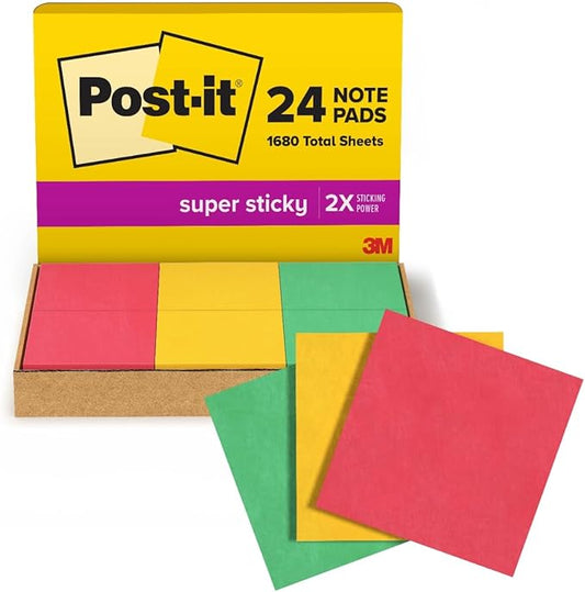 Post-it Super Sticky Notes 3x3 in, 24 Pads/Pack, 70 Sheets/Pad, Workshop Kit, Red, Yellow, Green (654-24SSANSIOC)