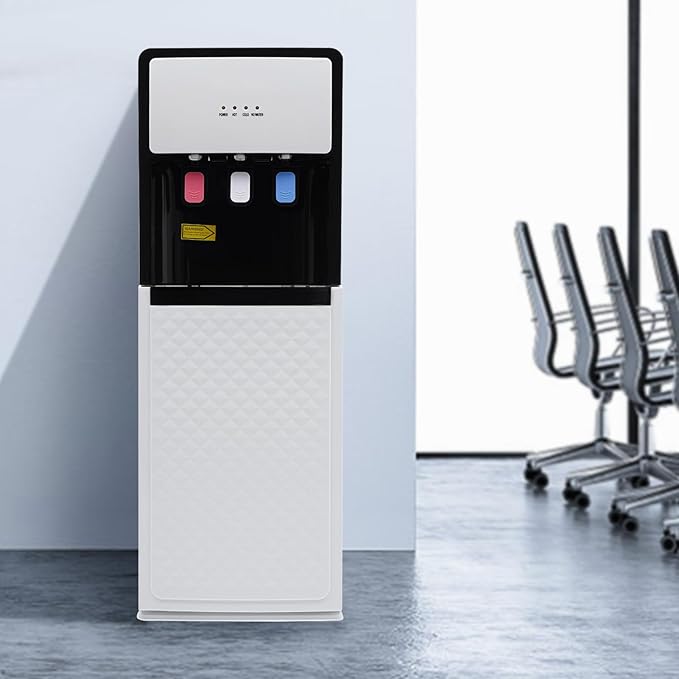Floor Standing Water Cooler, Hot & Cold Standing Water Dispenser, Bottom Loading Water Cooler Dispenser w/ 3 Temperature Settings of Hot, Cold, Room Water for Home, Office (220V, White)