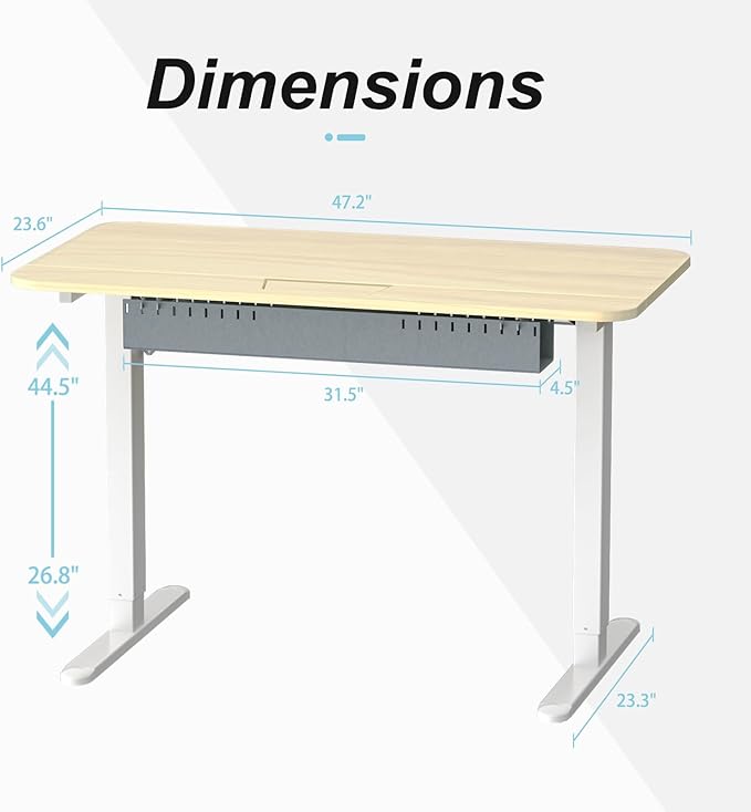 Standing Desk with Cable Management Tray, 48"x24" Electric Height Adjustable Sit Stand Desk, Memory Presets, Anti-Collision, Workstation for Home Office, Light Wood Top White Frame