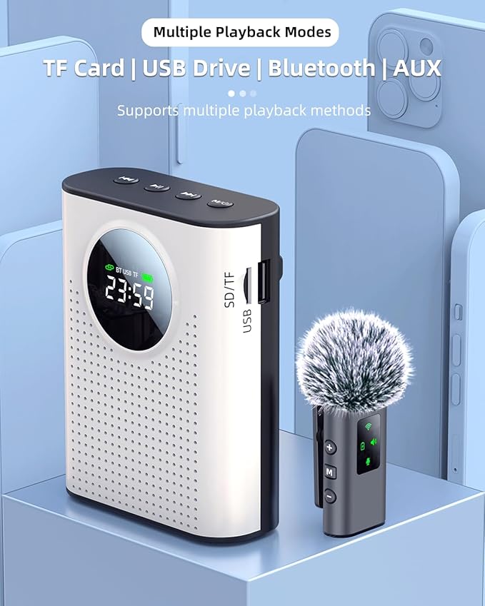 Rechargeable Voice Amplifier Wireless Microphone Dual for Teachers Classroom, Mini Lavalier Lapel Mic Clip Magnetic, Bluetooth Speaker with LED Display for Class, Tour Guide, Coaches, White