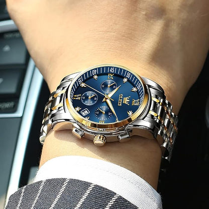OLEVS Men's Luxury Watch Waterproof Luminous Easy Read Chronograph Watches Full Gold/White Dail/Black Face with Calendar Wristwatch