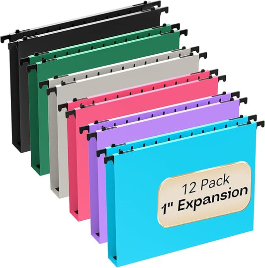 Plastic Hanging File Folders Letter Size,Heavy Duty 1 Inch Expansion,12 Pack Reinforced Extra Capacity Hanging Folders with Tabs,Durable File Cabinet Folders for Office School Home,Colorful
