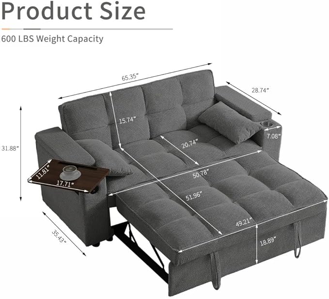 65'' Convertible Sleeper Sofa Bed with Adjustable Backrest, Chaise Lounge, Side Table & USB/Type-C Ports – Stylish & Functional Addition to Any Living Room (Dark Grey Sofa Bed)