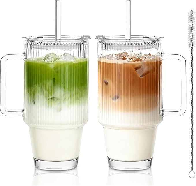 24oz Ribbed Glass Cups with Lids and Straws,Glass Tumbler with Handle,2 set–Reusable Glass Ice Coffee Cups with Lid and Straw for Smoothies,Tea,Juice,Boba Cup for Cold & Hot Drinks,Travel Cup