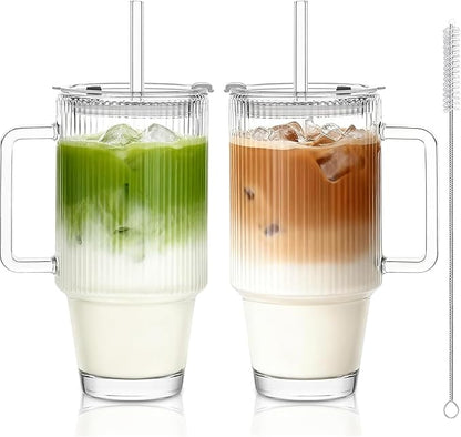 24oz Ribbed Glass Cups with Lids and Straws,Glass Tumbler with Handle,2 set–Reusable Glass Ice Coffee Cups with Lid and Straw for Smoothies,Tea,Juice,Boba Cup for Cold & Hot Drinks,Travel Cup