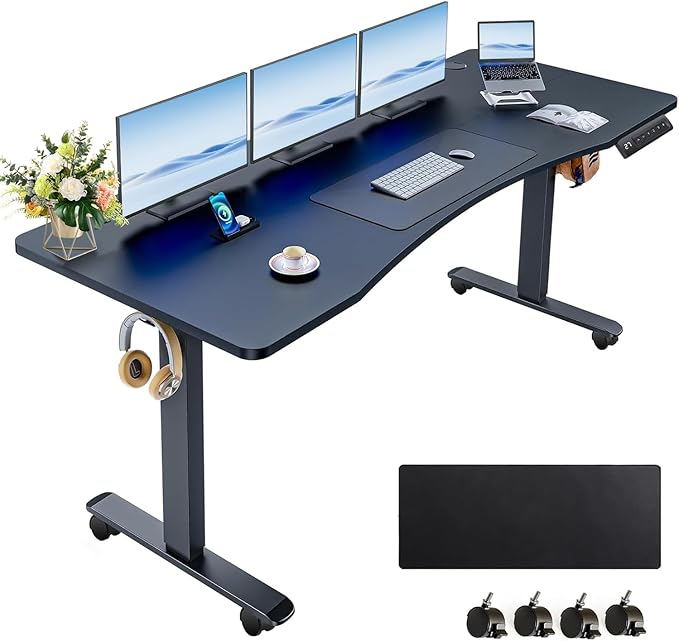 Standing Desk 63 x 24 in Adjustable Height,Electric Stand Up Desk,Curved Sit Stand Home Office Computer Desk with casters, Mouse pad and Headphone Hook(Black)