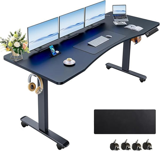 Standing Desk 63 x 24 in Adjustable Height,Electric Stand Up Desk,Curved Sit Stand Home Office Computer Desk with casters, Mouse pad and Headphone Hook(Black)