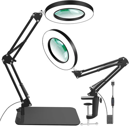12X Magnifying Glass with Light and Clamp, Real Glass Stand Lighted Magnifier, 5 Color Modes Stepless Dimmable LED Desk Lamp Hands Free for Crafts Hobby Reading Painting Sewing Close Work