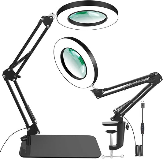 12X Magnifying Glass with Light and Clamp, Real Glass Stand Lighted Magnifier, 5 Color Modes Stepless Dimmable LED Desk Lamp Hands Free for Crafts Hobby Reading Painting Sewing Close Work