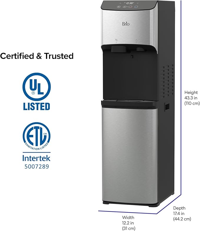 Brio 520 Water Dispenser for 5 Gallon Bottle with Ice Maker Bottom Load | UV Self Cleaning Technology, LED Touch Display with Digital Clock, Night Light, Child Safety Lock | 2X Fast Dispense