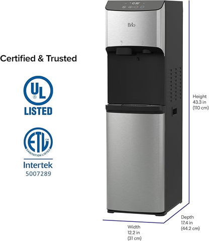 Brio 520 Water Dispenser for 5 Gallon Bottle with Ice Maker Bottom Load | UV Self Cleaning Technology, LED Touch Display with Digital Clock, Night Light, Child Safety Lock | 2X Fast Dispense