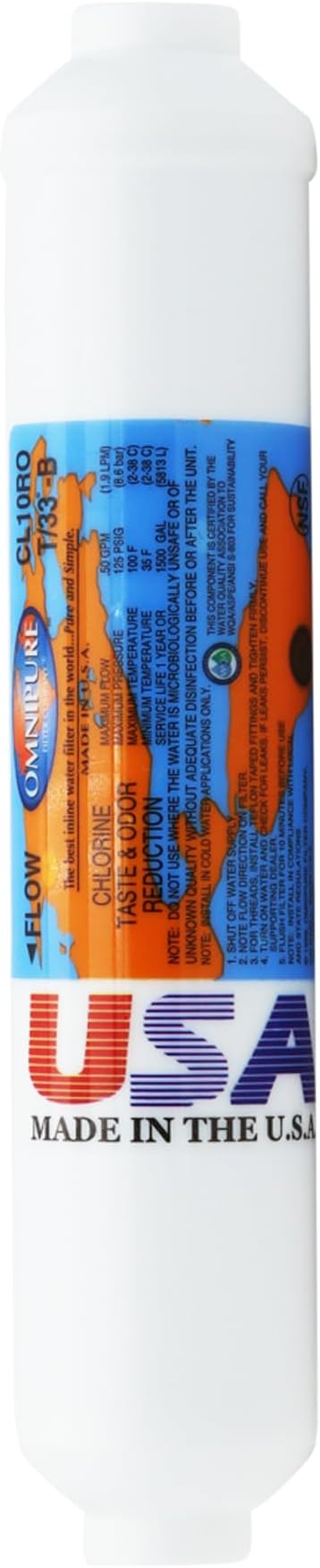 Omnipure CL10ROT33-BB Inline Water Filter, 1/4" FPT, Granular Carbon Replacement Cartridge, In-Line Water Filters for Under-Sink RO, Water Coolers, Ice Machines, RVs, NSF Certified and Made in USA
