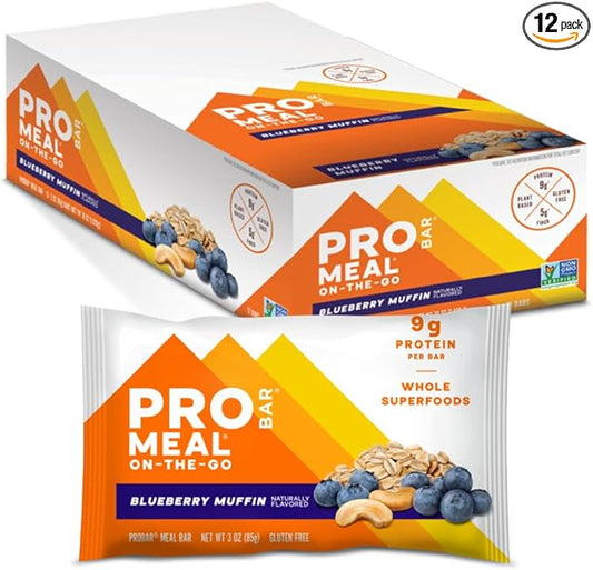 PROBAR - MEAL Bar, Blueberry Muffin, Non-GMO, Gluten-Free, Healthy, Plant-Based, Whole-Food Ingredients, Natural Energy (12 Count)