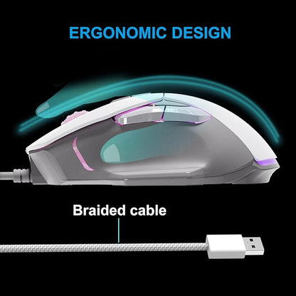 BM-88 Wired Gaming Mouse, 7200 DPI, Musicsync RGB Backlit, 7 Programmable Buttons with 13 Lighting Effects, Braided Cable - White