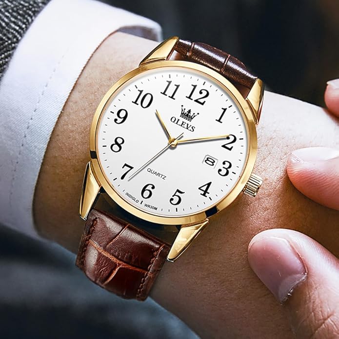 OLEVS Mens Watches Vintage Leather Band Dress Classic Easy Reader Arabic Numerals Analog Quartz Waterproof Date and Day Blue/Black/White Large Face Men's Wrist Watches