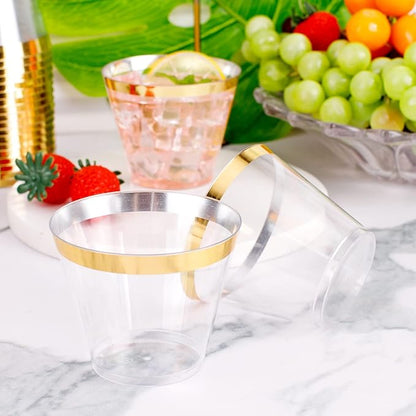 WELLIFE 120 PCS Gold Plastic Cups,9 oz Clear Plastic Cups,Disposable Wine Glasses for Party and Wedding