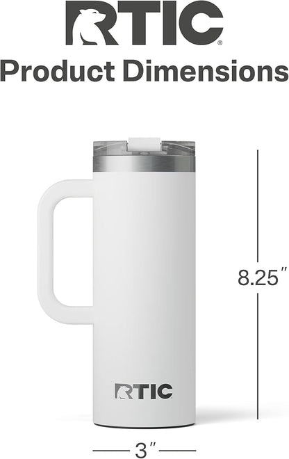 RTIC 20oz Road Trip Travel Mug with Lid and Handle, Ceramic Lined, Insulated, Stainless Steel, Metal, Double Wall Vacuum-Insulation, Portable Coffee, Tea Cup for Hot and Cold Drink, White