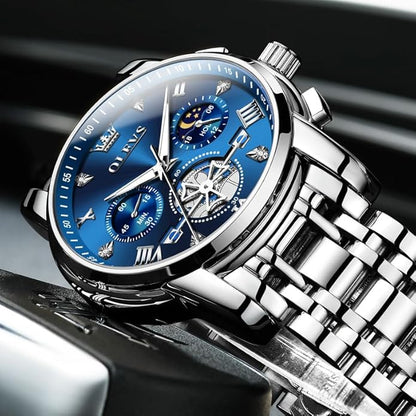 OLEVS Men Silver Watches,Men's Stainless Steel Chronograph Watch,Man Analog Quartz Big Face Male Watches Luxury Waterproof Roman Numeral Dress Diamond Relojes para Hombre