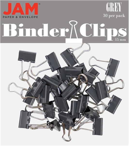 JAM PAPER Colorful Binder Clips - Extra Small - 3/5 Inch (15 mm) - Grey Binderclips - 30/Pack