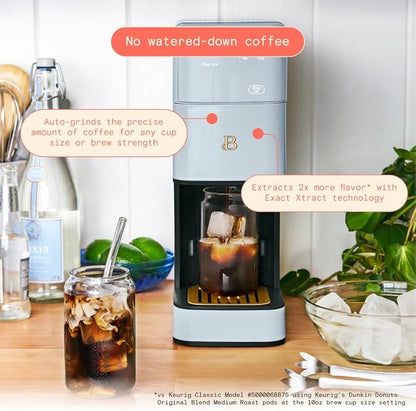 Beautiful Single Serve Coffee Maker with Built-In Burr Grinder, Hot or Iced, Pod-Free, 6 Brew Sizes, 3 Strengths, Touch Display, Reusable Filter, 64oz Reservoir, Slim Design (Cornflower Blue)