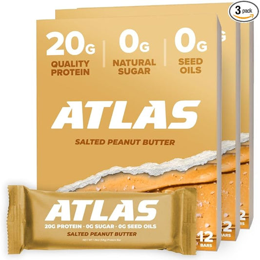 Atlas Bar – 20g Protein, 1g Sugar, 0g Seed Oils, 0g Artificial Sweeteners (Salted Peanut Butter, 36 Count)