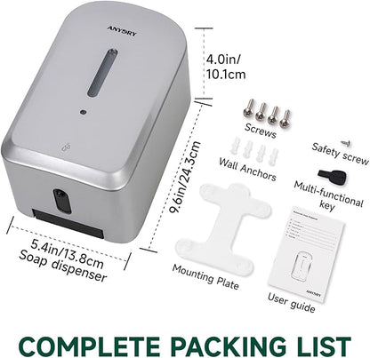 Commercial Automatic Soap Dispenser Large 34oz/1000ml Capacity Wall-Mounted Touchless Liquid Dispenser for High-Traffic Restrooms, Offices, Hospitals Model 1220S Silver