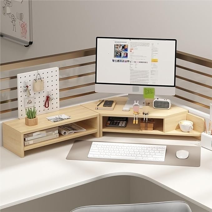 Laptop Stand for Desktop Computer, Corner Monitor Stand for Desk, Office Desk Accessories and Organizer, Multifunctional Space-Saving Corner Desk Shelf(Natural)