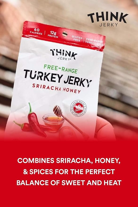 Think Jerky Sriracha Honey Turkey Jerky, High Protein Free-Range Turkey, Gluten Free, No Antibiotics or Nitrates, Healthy Chef Crafted Recipe, Low Calorie and Low Fat - 1.0 oz Bags, 12 Pack