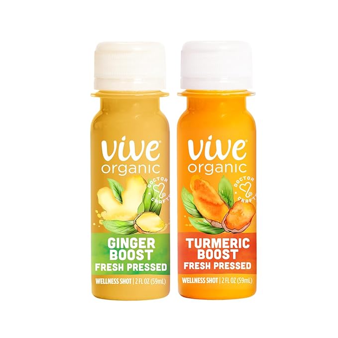 Vive Organic Immune Support Ginger Shot + Turmeric Shot Variety Pack, Cold-Pressed Ginger Root & Turmeric, Gluten Free, Vegan, Immunity Booster, 2 Fl Oz (Pack of 24)