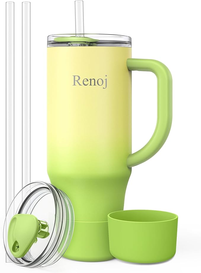 Renoj Tumbler with Handle 100% Spill Resistant Insulated Water Bottle for Iced Coffee & Hot Drinks - Fits Car Cup Holder, Ideal Gift, 2 Straws & Silicone Boot BPA-Free - FlexSlide Green Gradient 40 oz