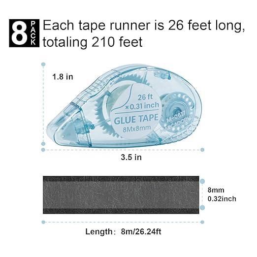 Double-Sided Tape Runner, Pack of 8, 0.31 Inches x 26 Ft Adhesive Tape Runners, Craft Supplies for Scrapbooking, Gift Wrapping, and Paper Art.