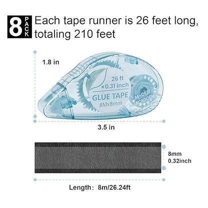 Double-Sided Tape Runner, Pack of 8, 0.31 Inches x 26 Ft Adhesive Tape Runners, Craft Supplies for Scrapbooking, Gift Wrapping, and Paper Art.