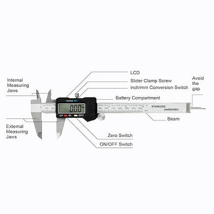 Digital Caliper 0-6" Measuring Tool with Metal Ruler, Micrometer Caliper with Auto-Off Feature, Interchangeable Between inches and millimeters for DIY/Household and 3D Printing, Black
