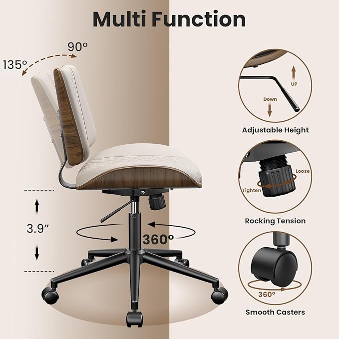 Armless Office Chair, Mid Century Modern Desk Chair with Walnut Wood Back & SGS Level 3 Gas Lift, Swivel PU Leather Computer Chair for Small Space, Home Office, Bedroom, 300lbs Cap, Beige