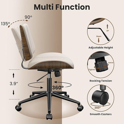 Armless Office Chair, Mid Century Modern Desk Chair with Walnut Wood Back & SGS Level 3 Gas Lift, Swivel PU Leather Computer Chair for Small Space, Home Office, Bedroom, 300lbs Cap, Beige
