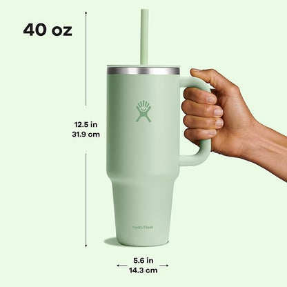 Hydro Flask Travel Tumbler with Handle, Lid and Straw - Insulated Stainless Steel in 40 Oz Aloe Green