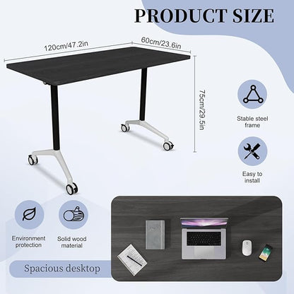 Conference Table, Folding Conference Room Tables, Modern Flip Top Seminar Training Meeting Table with Wheels, Modular Foldable Conference Tables for Home Office Classr (Black 4 Pack, 47.2inch)