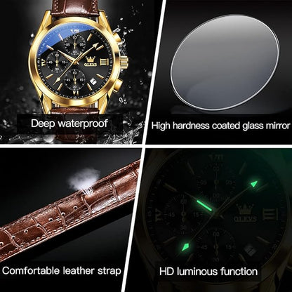 OLEVS Men's Chronograph Leather Watch, Big Face Easy to Read Analog Quartz Dress Watch, Casual Waterproof Luminous Hands Date Watches for Men, White/Blue/Black/Gold Dial