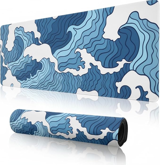 Japanese Blue and White Wave Gaming Mouse Pad XL, Non Slip Rubber Base Mousepad, Stitched Edges Desk Pad, Extended Large Mice Pad,31.5 X 11.8 Inch