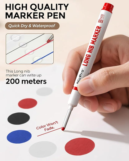 Nicpro 8 PCS Long Nib Marker Pens, 20mm Deep Hole Marker, Quick Dry & Waterproof Construction Markers, Long Head Markers for Metal, Steel, Tile, Glass, Carpenter Marking Pen for Woodworking