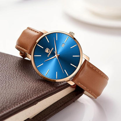CHEETAH Minimalist Waterproof Quartz Watches for Men with Leather Strap, Auto Date