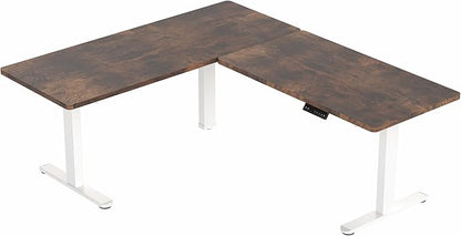VIVO Electric Height Adjustable 67 x 60 inch Corner Stand Up Desk, 2 Rustic Vintage Brown Solid Table Tops, White Frame, Memory Controller, L-Shaped Workstation, 3E Series, DESK-KIT-3E6WN