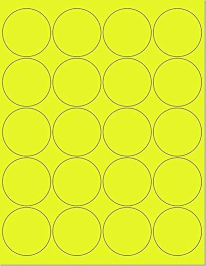 Pack of 50 Sheets, 8-1/2 x 11" Fluorescent Labels for Laser & Inkjet Printer Yellow Fluorescent, (2" Round - 20 Per Sheet, 1000 Label)